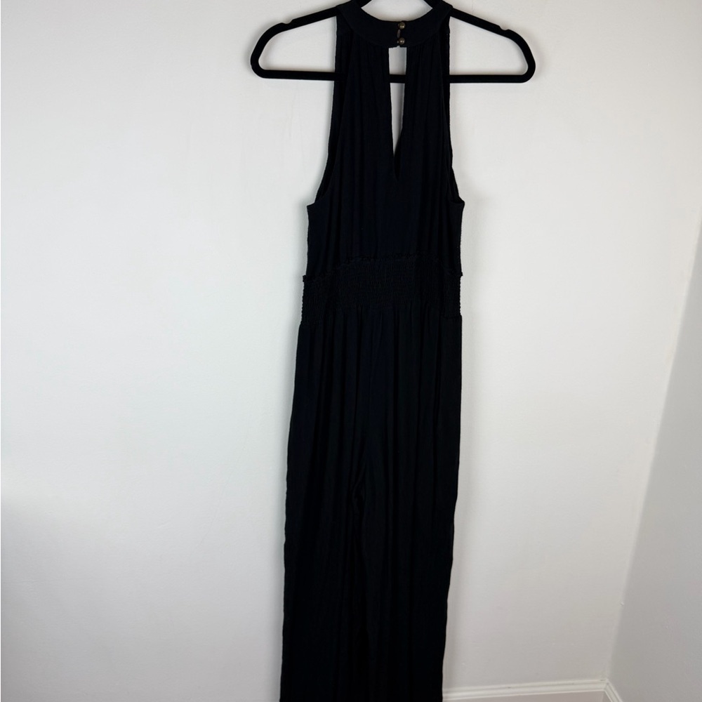 Anthropologie Bionda Plisse Jumpsuit Black Wide Leg Size Large L Petite - Picture 7 of 8